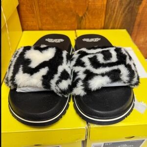 Marc Jacobs Monogram Fuzzy Fur Black and White Slippers